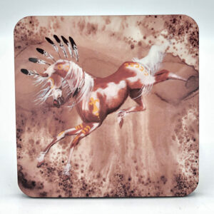 Leaping paint horse across a brown and black textured background.