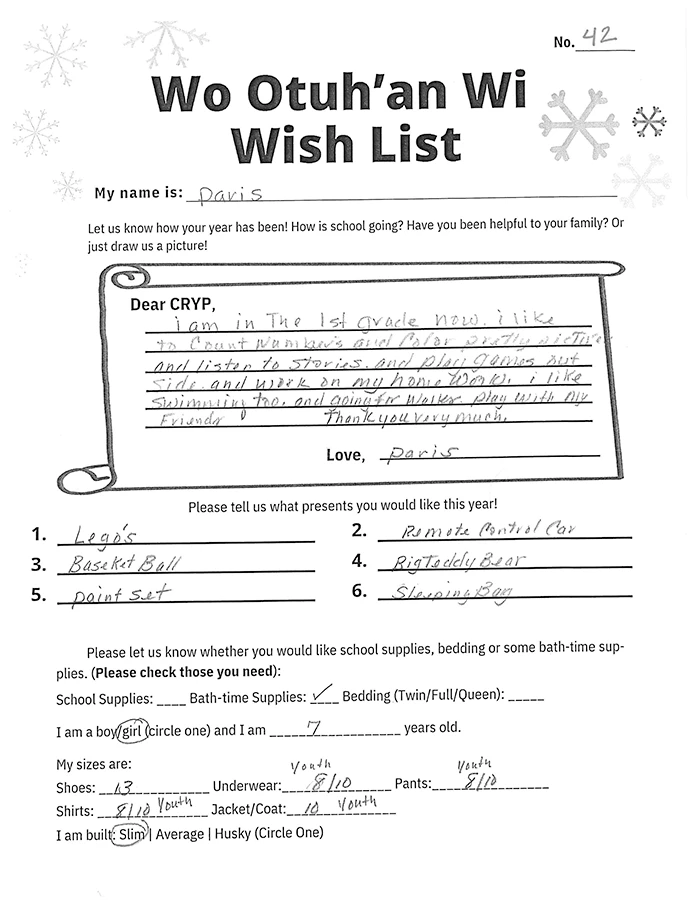 Toy drive wish list 42 for 7 year old female - Cheyenne River 