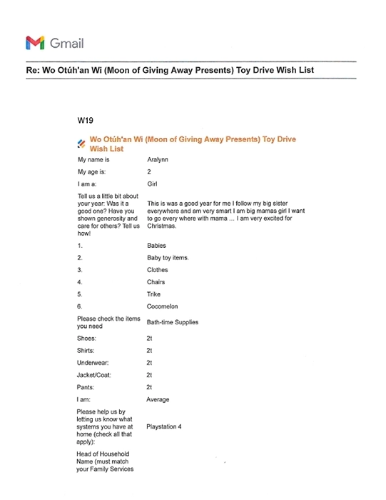 Toy drive wish list W19 for 2 year old female