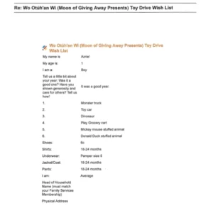 Toy drive wish list W22 for 1 year old male