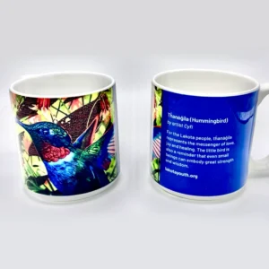 15oz mugs with hummingbird artwork and brief explanation.