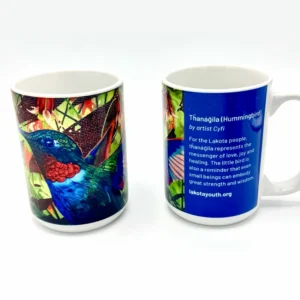 20oz mug with hummingbird artwork and brief explanation.