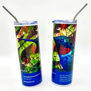 Travel mug with hummingbird artwork and brief explanation. Mug has no handle and includes a plastic top and metal straw.