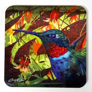 Coaster with colorful hummingbird artwork and flowers against a brick background