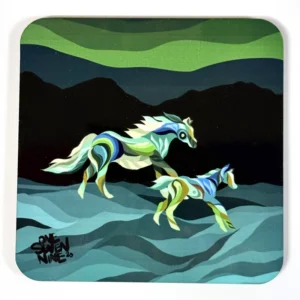 Coaster with colorful art of a mare running across the plains with her foal
