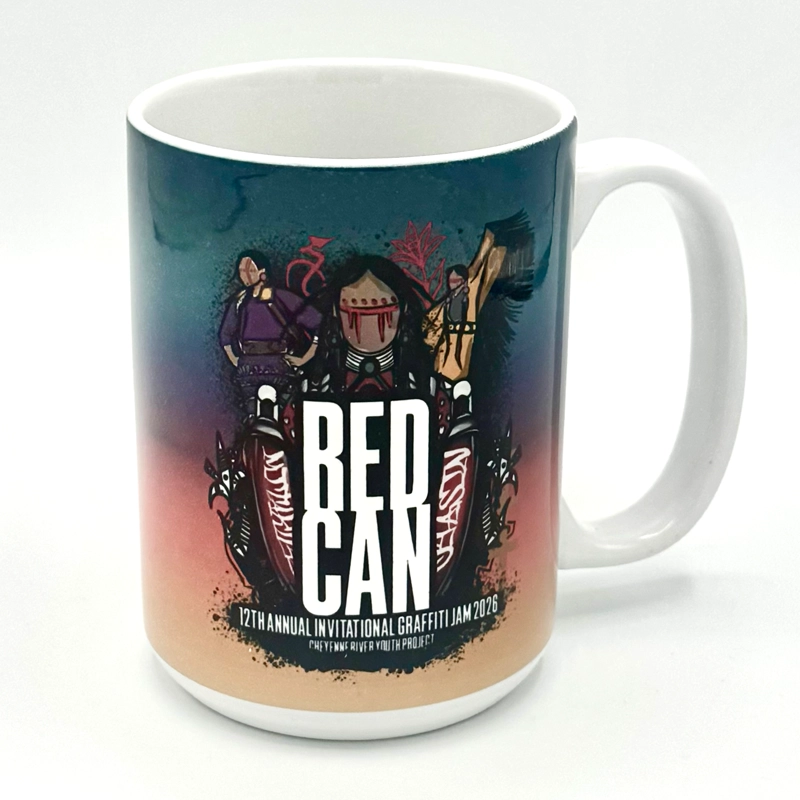 20oz mug with colorful RedCan 2025 artwork printed on it